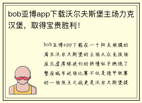bob亚博app下载沃尔夫斯堡主场力克汉堡，取得宝贵胜利！