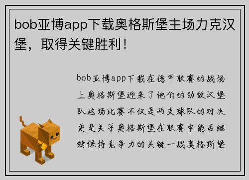 bob亚博app下载奥格斯堡主场力克汉堡，取得关键胜利！