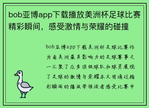 bob亚博app下载播放美洲杯足球比赛精彩瞬间，感受激情与荣耀的碰撞